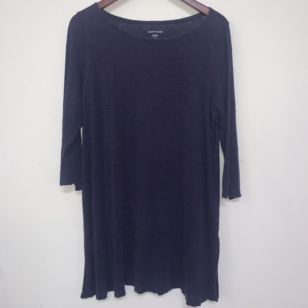 Eileen Fisher Blue Organic Cotton Lightweight 3/4 Sleeve Dress Lagenlook Large